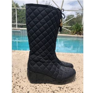 Tory Burch GiGi Black Quilted Tassel Wedge Boots